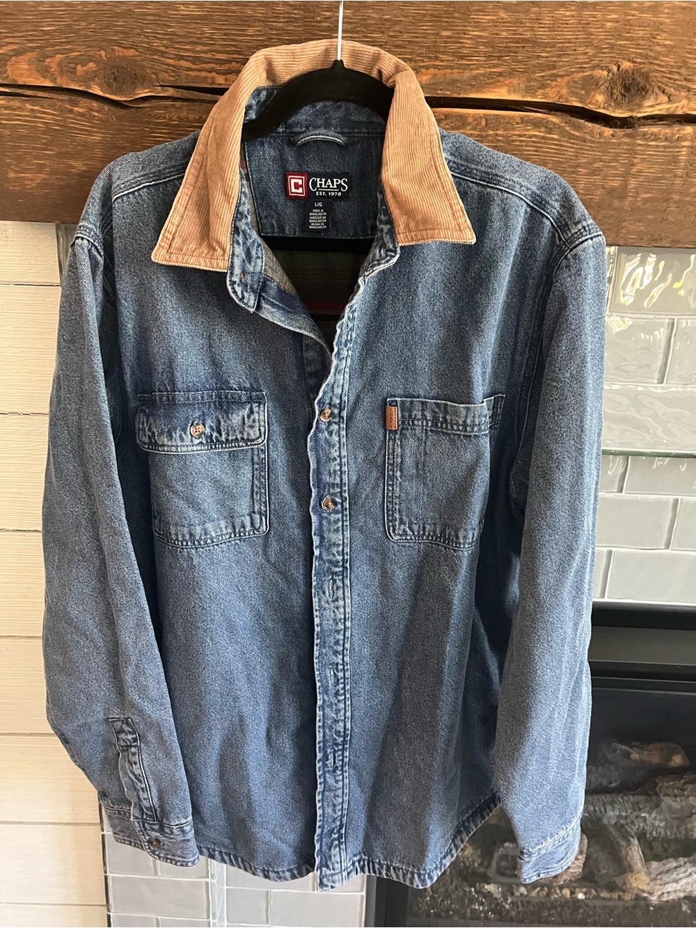 Chaps Flannel Lined Denim Barn Shirt Jacket Large 100% Cotton Corduroy Collar